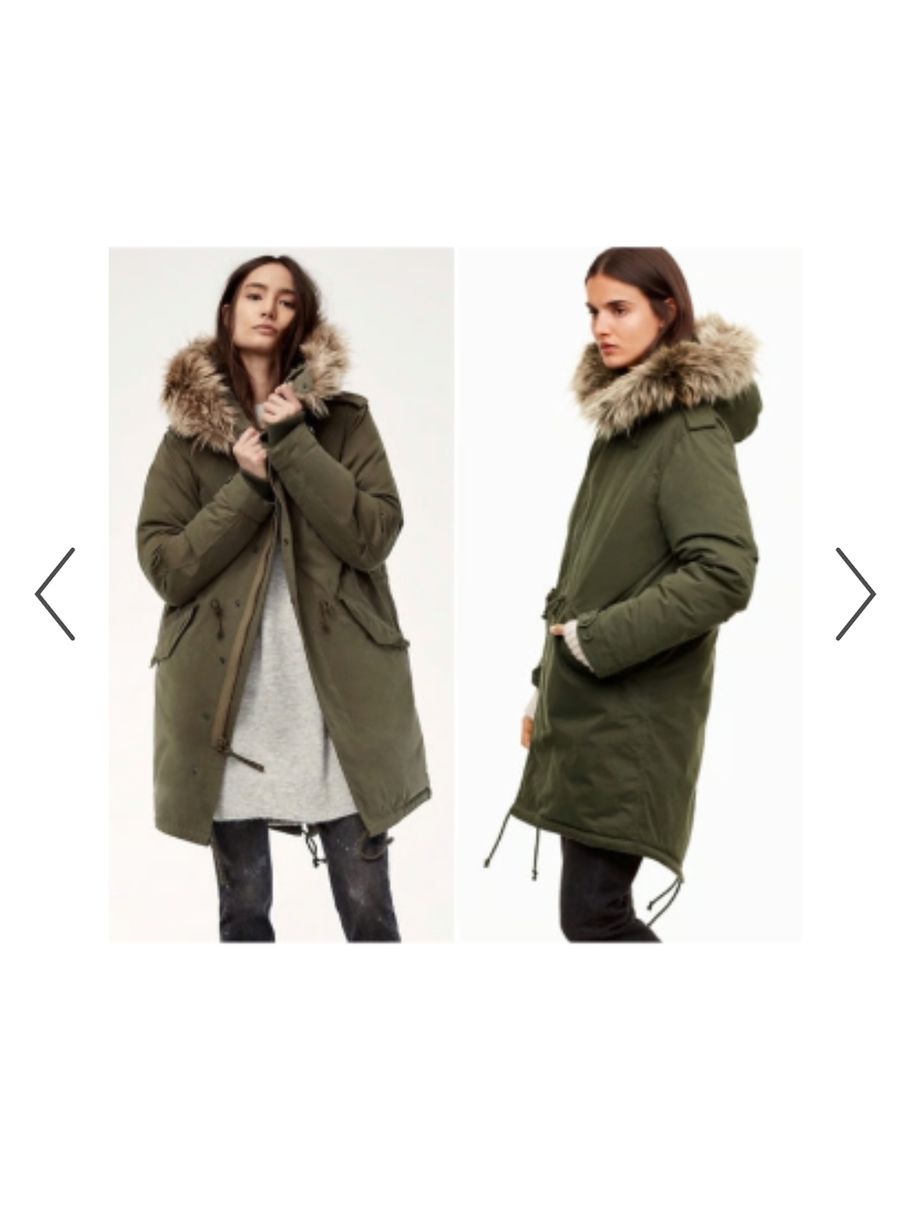 Olive Green Community Vermont Down Filled Parka Coat with Faux Fur Hood